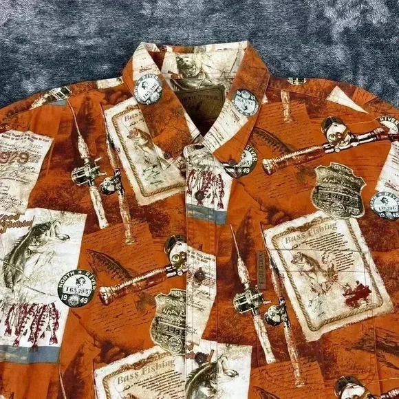North River Outfitters All Over Fishing Print Orange Long Sleeve Button Up XL - Picture 2 of 9